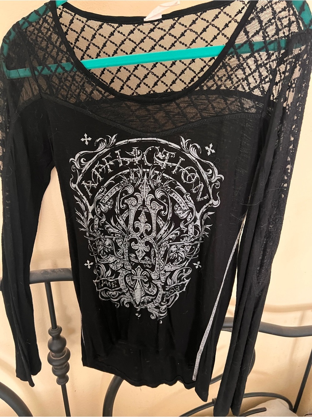 Affliction Black Long Sleeve Lace Yoke Graphic Tee with White Print
